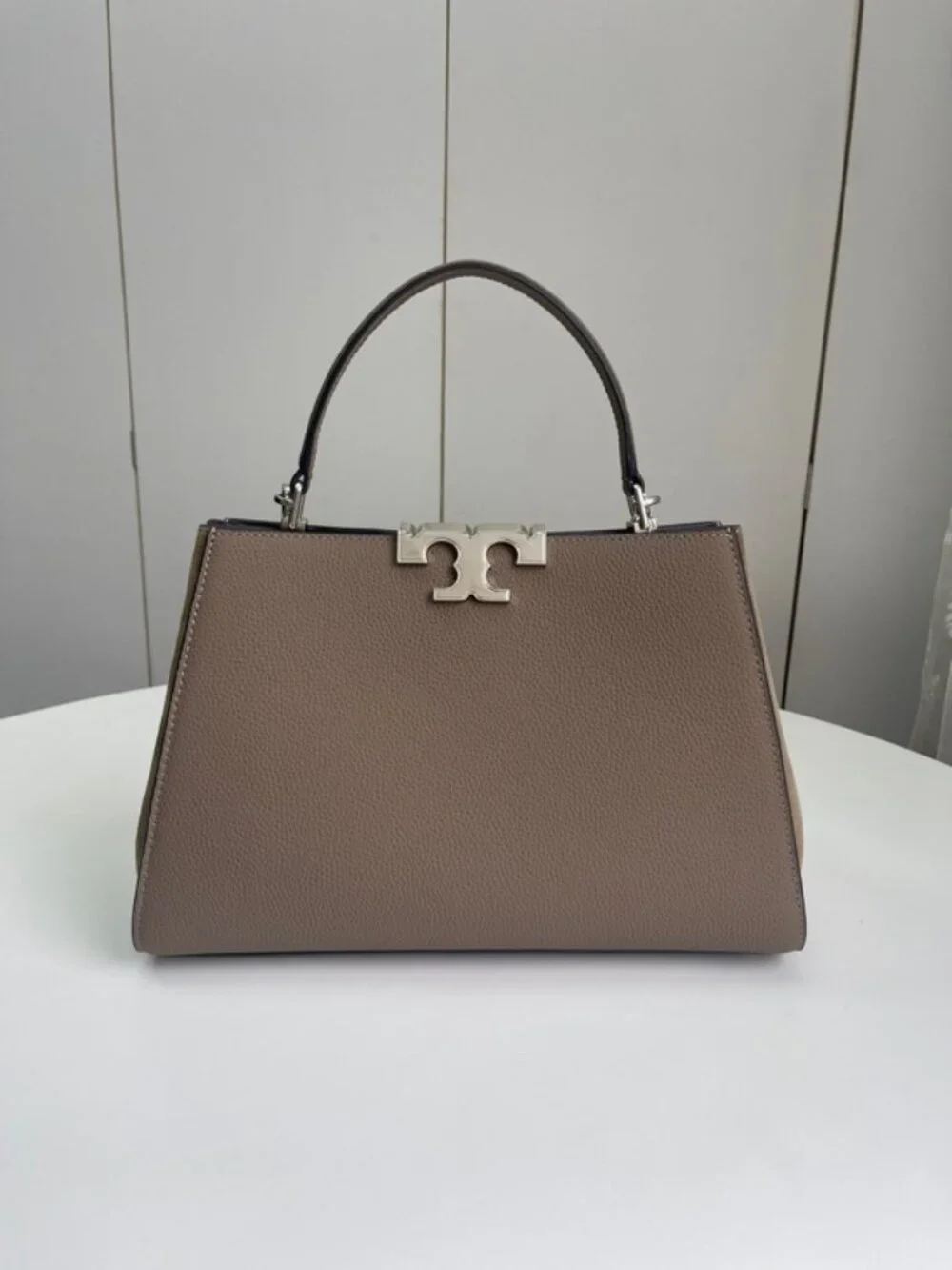 Tory Burch Taupe Eleanor Pebbled Leather Handbag Silver Double T Hardware